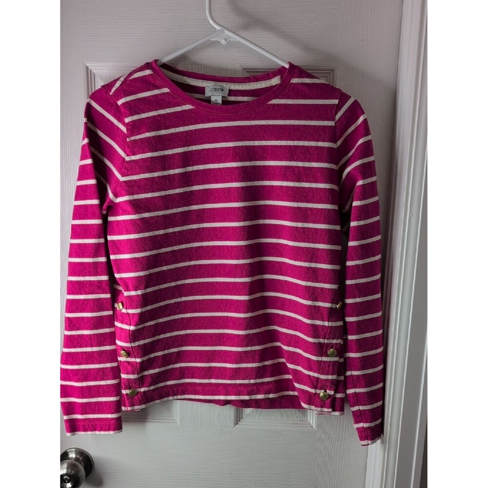 J. Crew Hot Pink and White Striped Crewneck Pullover with Side Buttons Size S